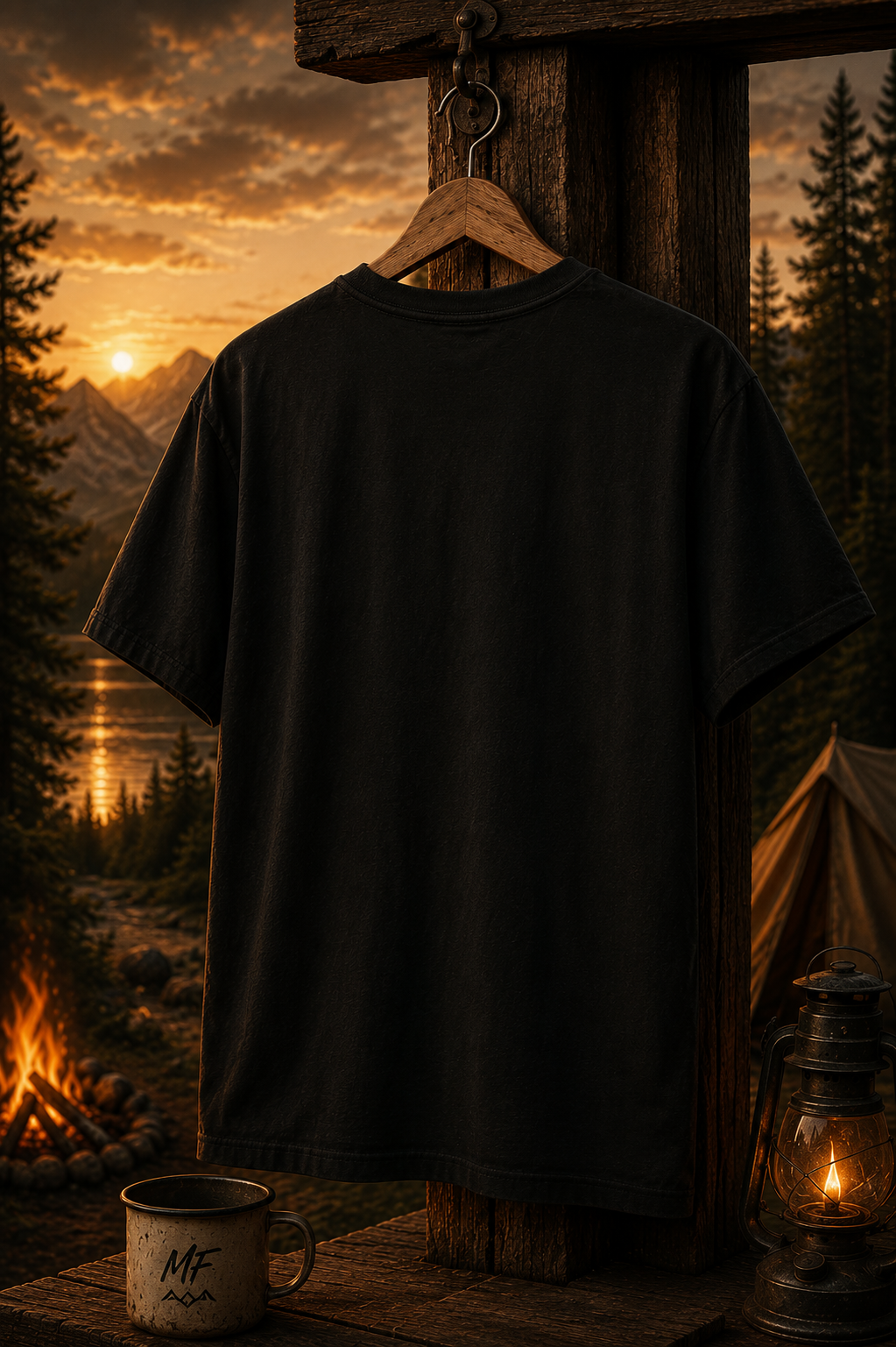 T-shirt design montagne et feu de camp Live Wild Stay Free | t-shirt d'aventure en plein air