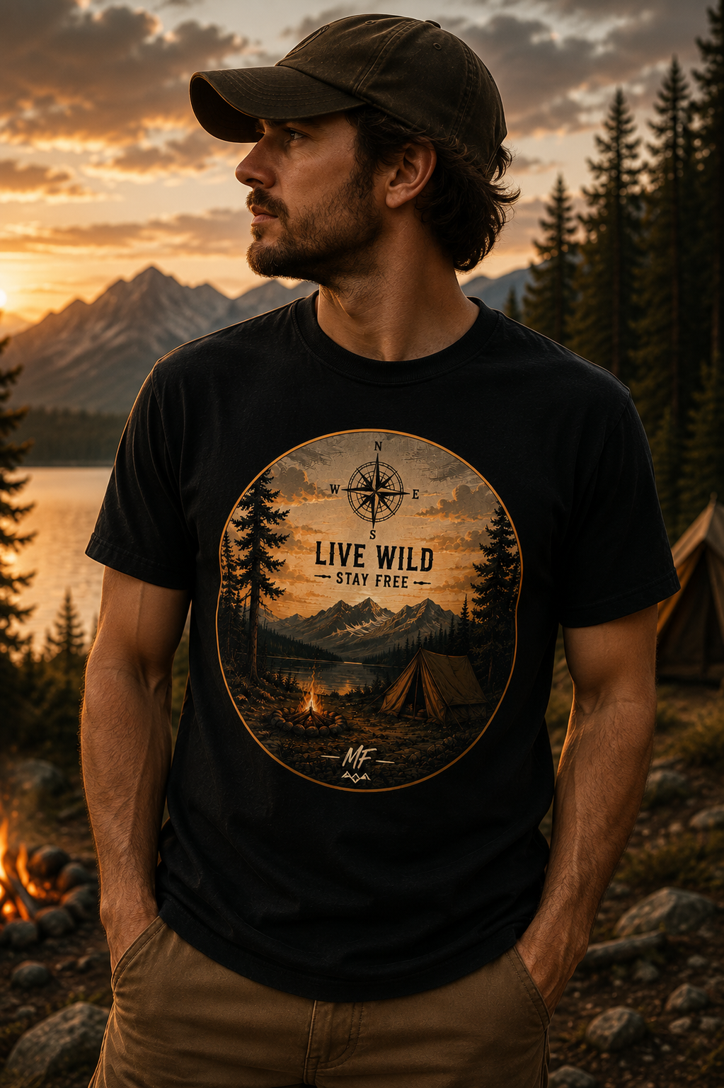 T-shirt design montagne et feu de camp Live Wild Stay Free | t-shirt d'aventure en plein air