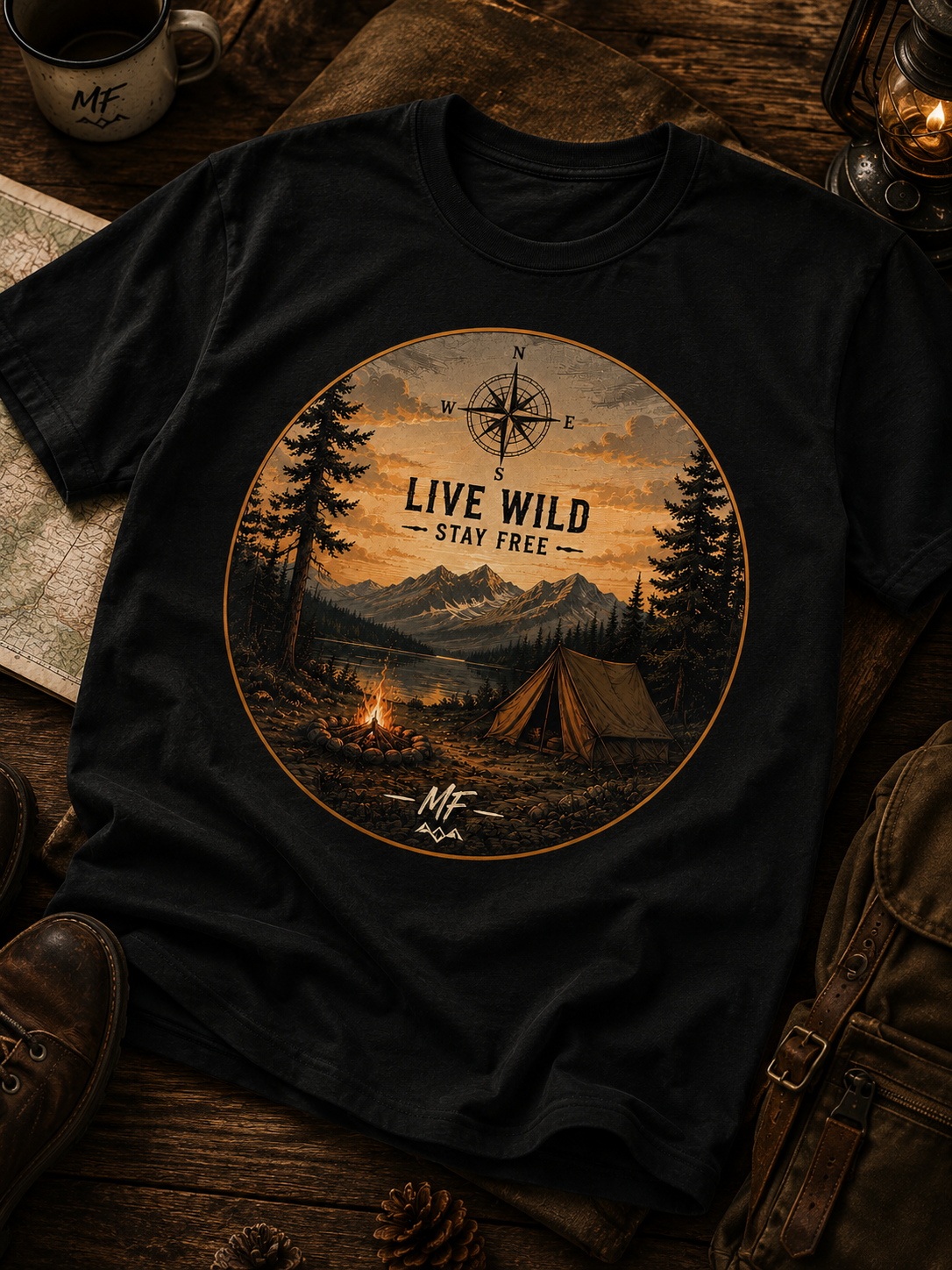 T-shirt design montagne et feu de camp Live Wild Stay Free | t-shirt d'aventure en plein air