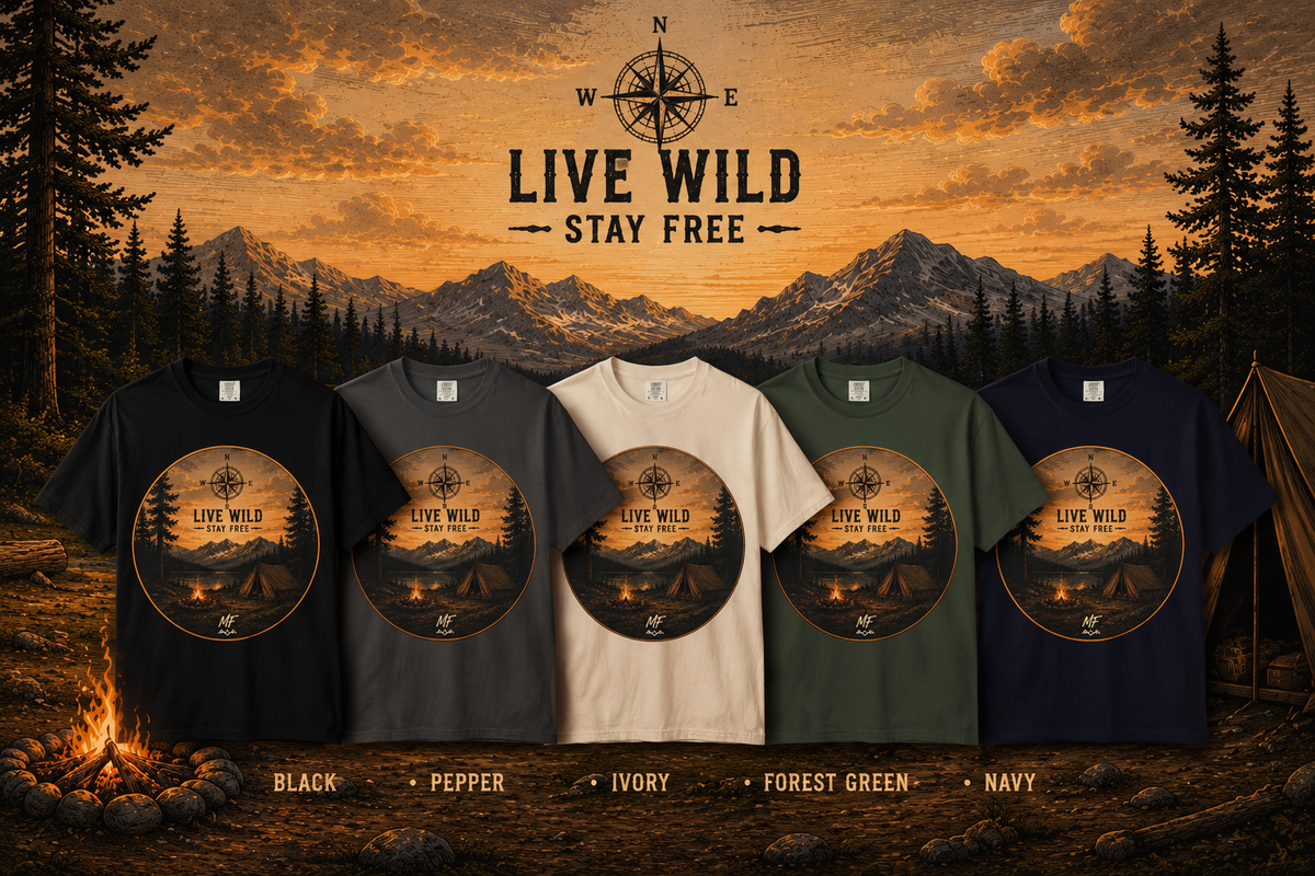 T-shirt design montagne et feu de camp Live Wild Stay Free | t-shirt d'aventure en plein air