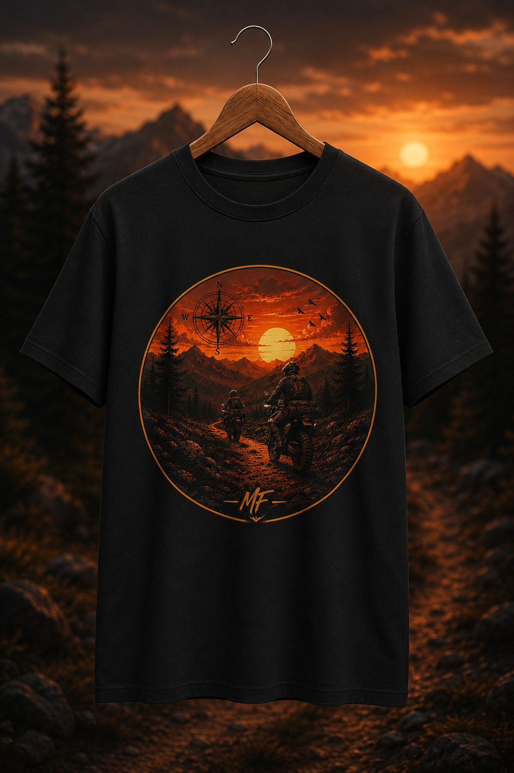 T-shirt aventure montagne au coucher du soleil | T-shirt graphique camping à moto | T-shirt paysage nature boussole | Cadeau explorateur plein air