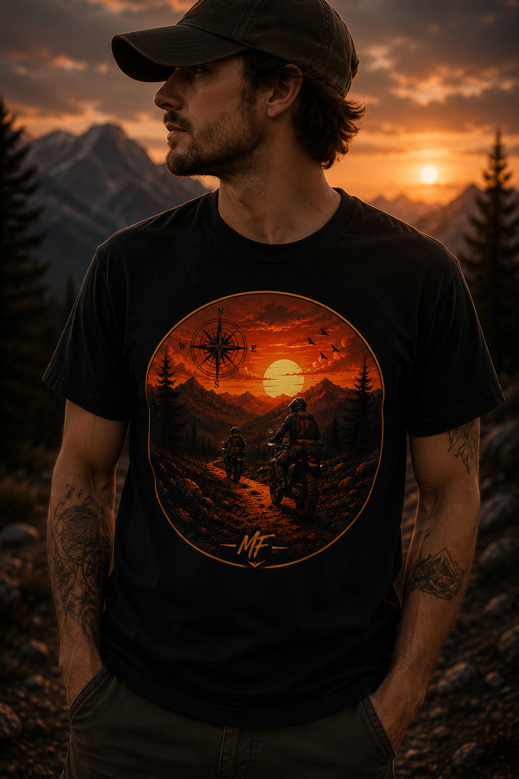 T-shirt aventure montagne au coucher du soleil | T-shirt graphique camping à moto | T-shirt paysage nature boussole | Cadeau explorateur plein air