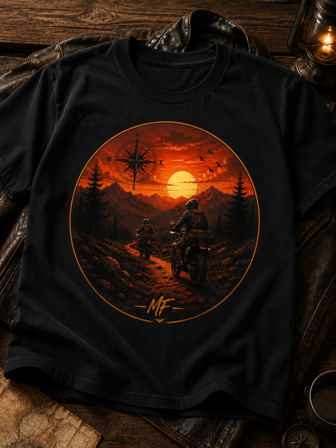 T-shirt aventure montagne au coucher du soleil | T-shirt graphique camping à moto | T-shirt paysage nature boussole | Cadeau explorateur plein air