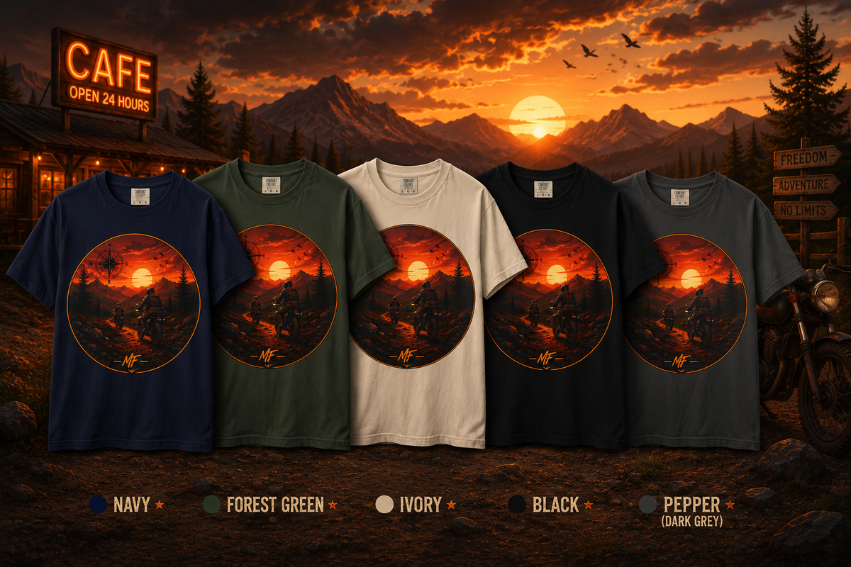 T-shirt aventure montagne au coucher du soleil | T-shirt graphique camping à moto | T-shirt paysage nature boussole | Cadeau explorateur plein air
