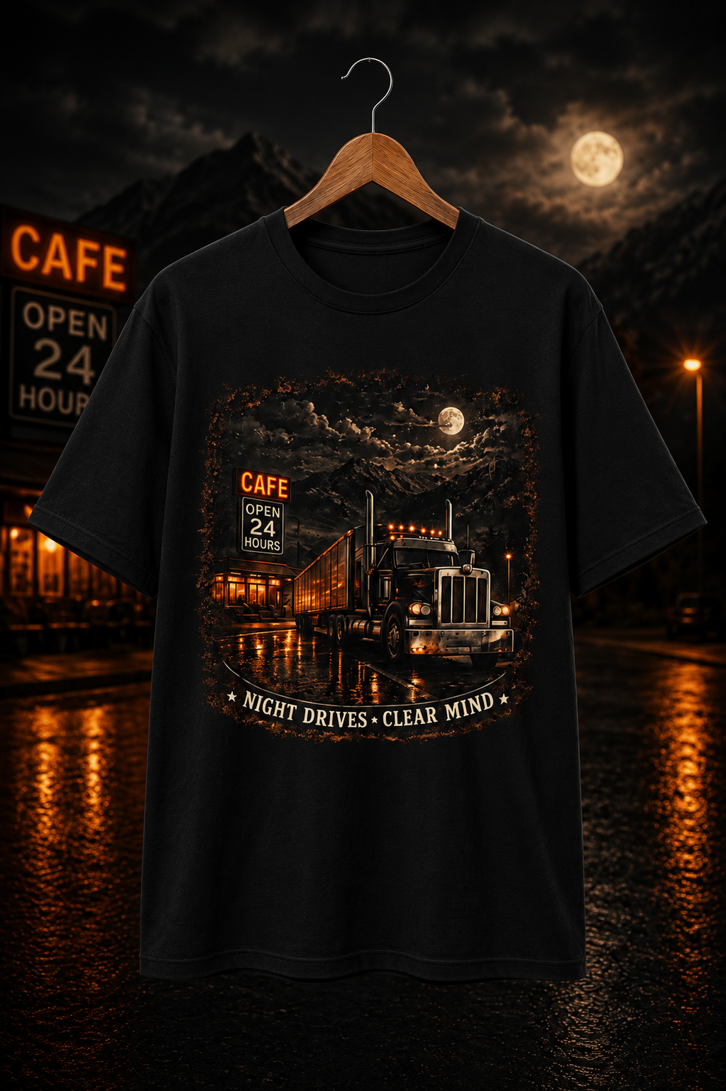 T-shirt Scène de Diner Routier de Nuit | Graphisme de Café pour Semi-remorque, 'Les trajets de nuit clarifient l'esprit'