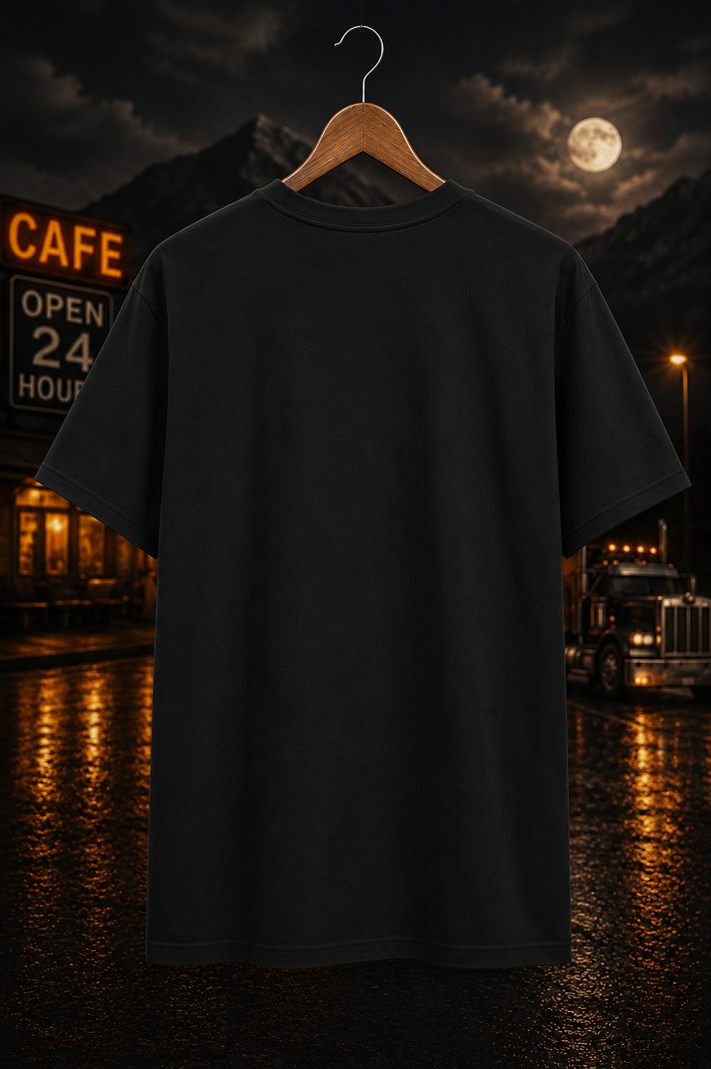 T-shirt Scène de Diner Routier de Nuit | Graphisme de Café pour Semi-remorque, 'Les trajets de nuit clarifient l'esprit'