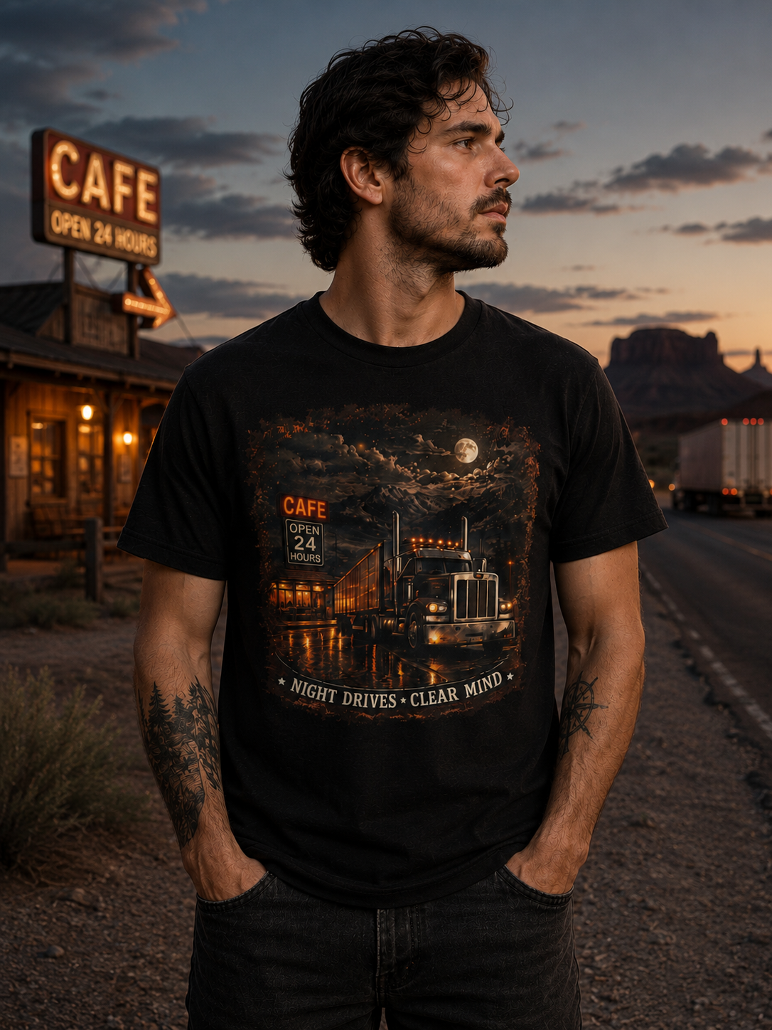 T-shirt Scène de Diner Routier de Nuit | Graphisme de Café pour Semi-remorque, 'Les trajets de nuit clarifient l'esprit'