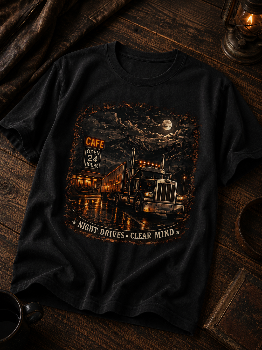 T-shirt Scène de Diner Routier de Nuit | Graphisme de Café pour Semi-remorque, 'Les trajets de nuit clarifient l'esprit'
