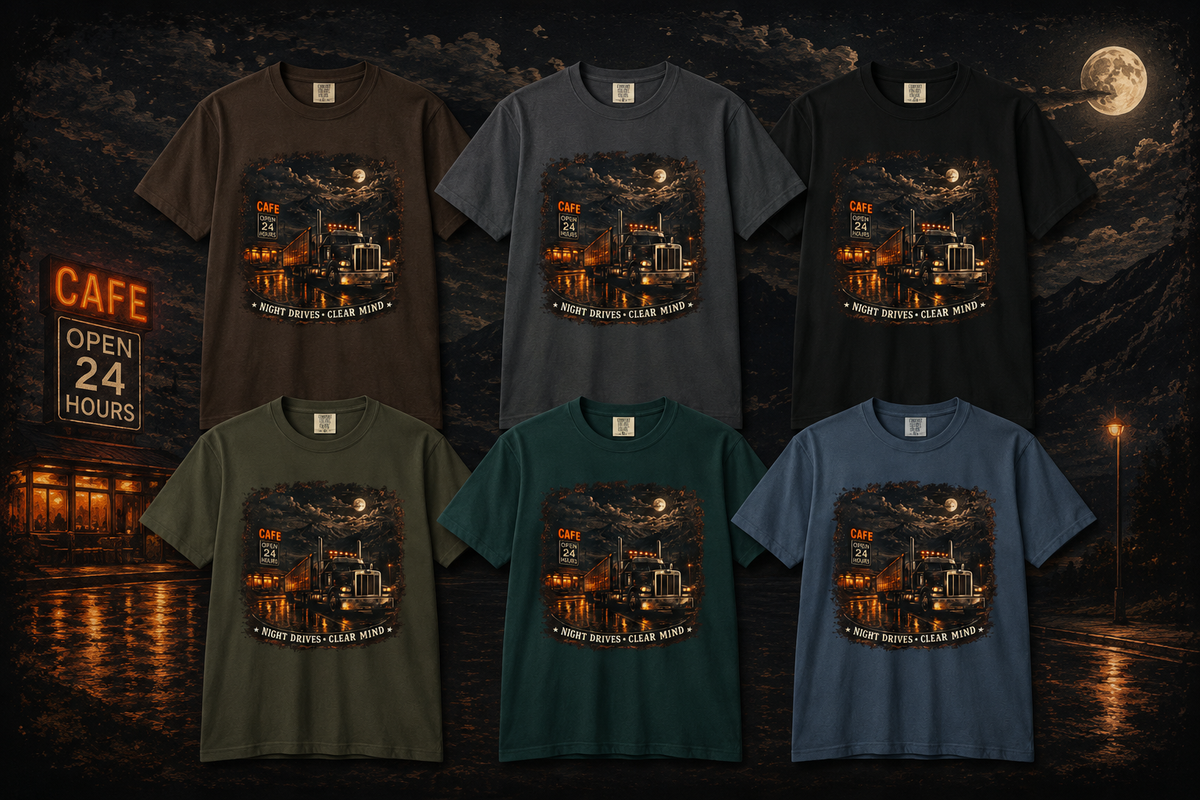 T-shirt Scène de Diner Routier de Nuit | Graphisme de Café pour Semi-remorque, 'Les trajets de nuit clarifient l'esprit'