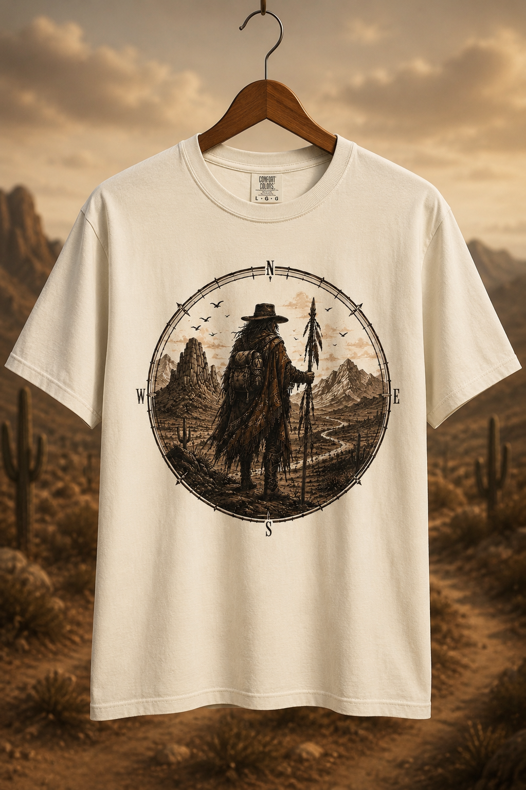 T-shirt graphique vintage « Western Desert Wanderer » avec boussole pour les amateurs d'aventure
