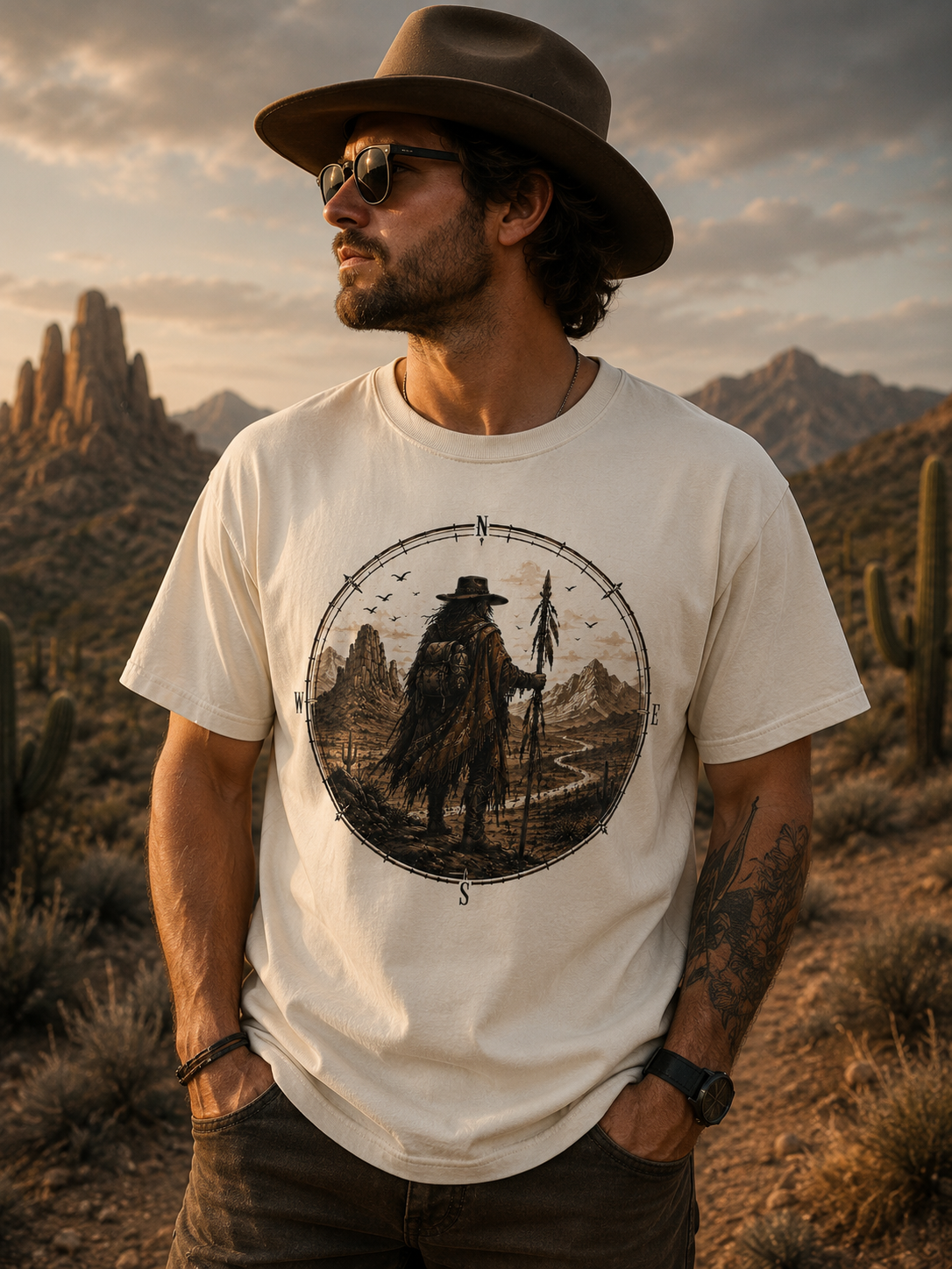 T-shirt graphique vintage « Western Desert Wanderer » avec boussole pour les amateurs d'aventure