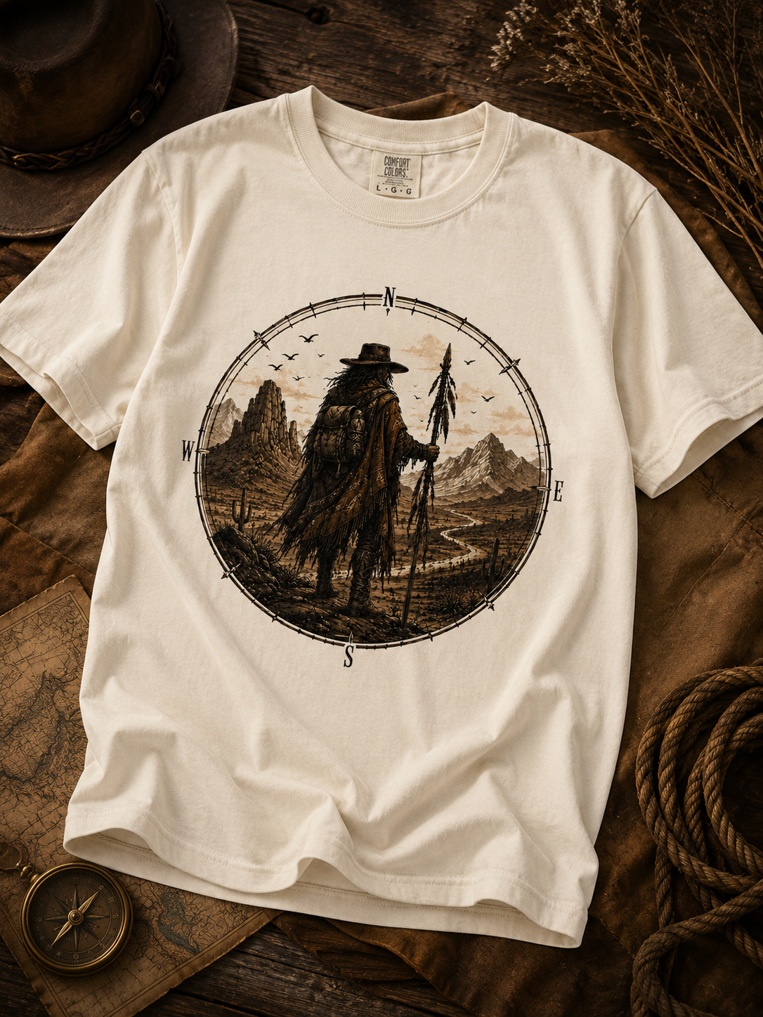 T-shirt graphique vintage « Western Desert Wanderer » avec boussole pour les amateurs d'aventure