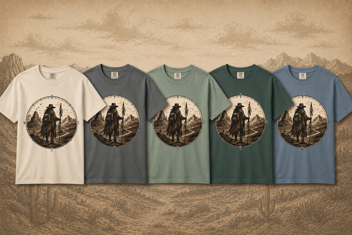 T-shirt graphique vintage « Western Desert Wanderer » avec boussole pour les amateurs d'aventure