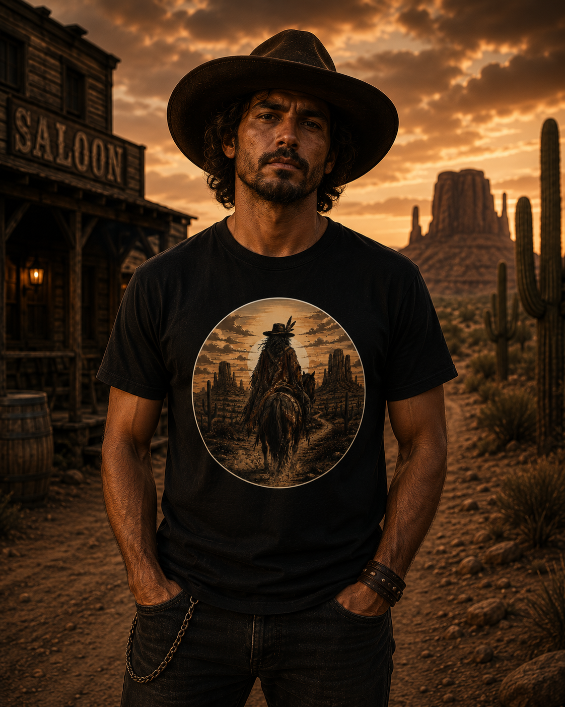 Desert Spirit Rider Vintage Western Graphic T-Shirt, Shaman graphic, Road trip tee.