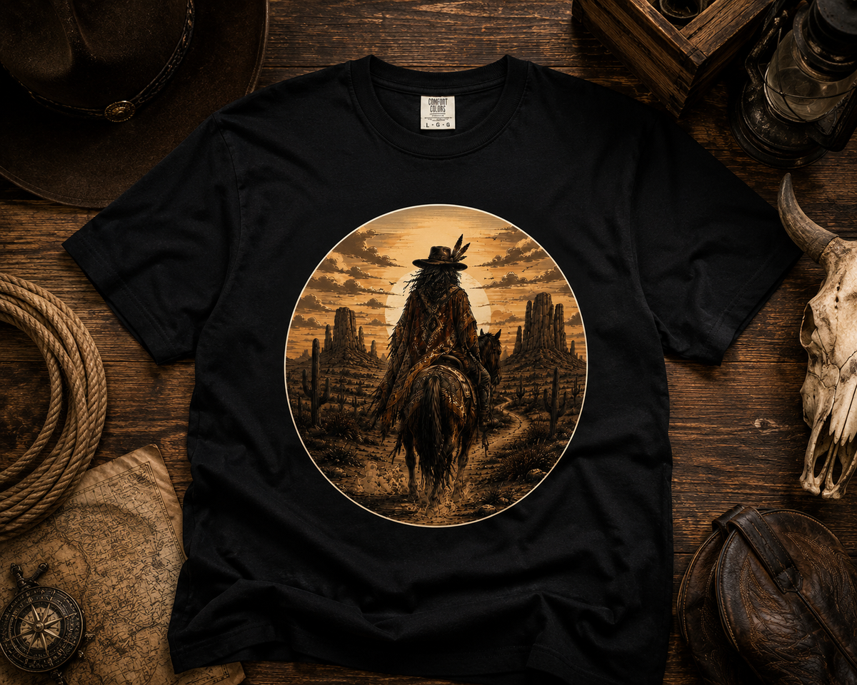 Desert Spirit Rider Vintage Western Graphic T-Shirt, Shaman graphic, Road trip tee.