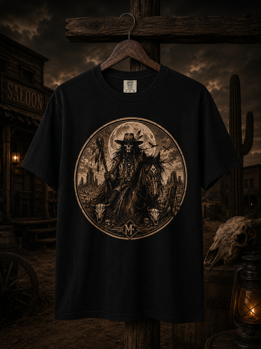 T-shirt graphique style western vintage représentant un cow-boy squelette à cheval sous la pleine lune