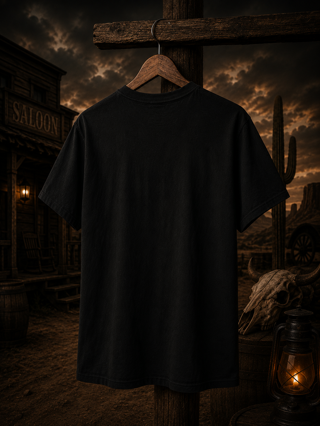 T-shirt graphique style western vintage représentant un cow-boy squelette à cheval sous la pleine lune