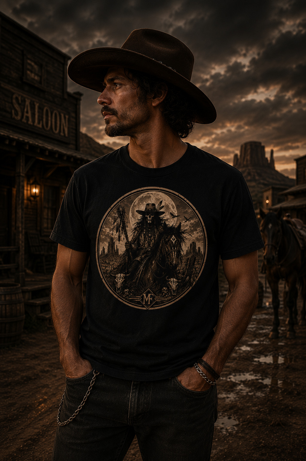T-shirt graphique style western vintage représentant un cow-boy squelette à cheval sous la pleine lune