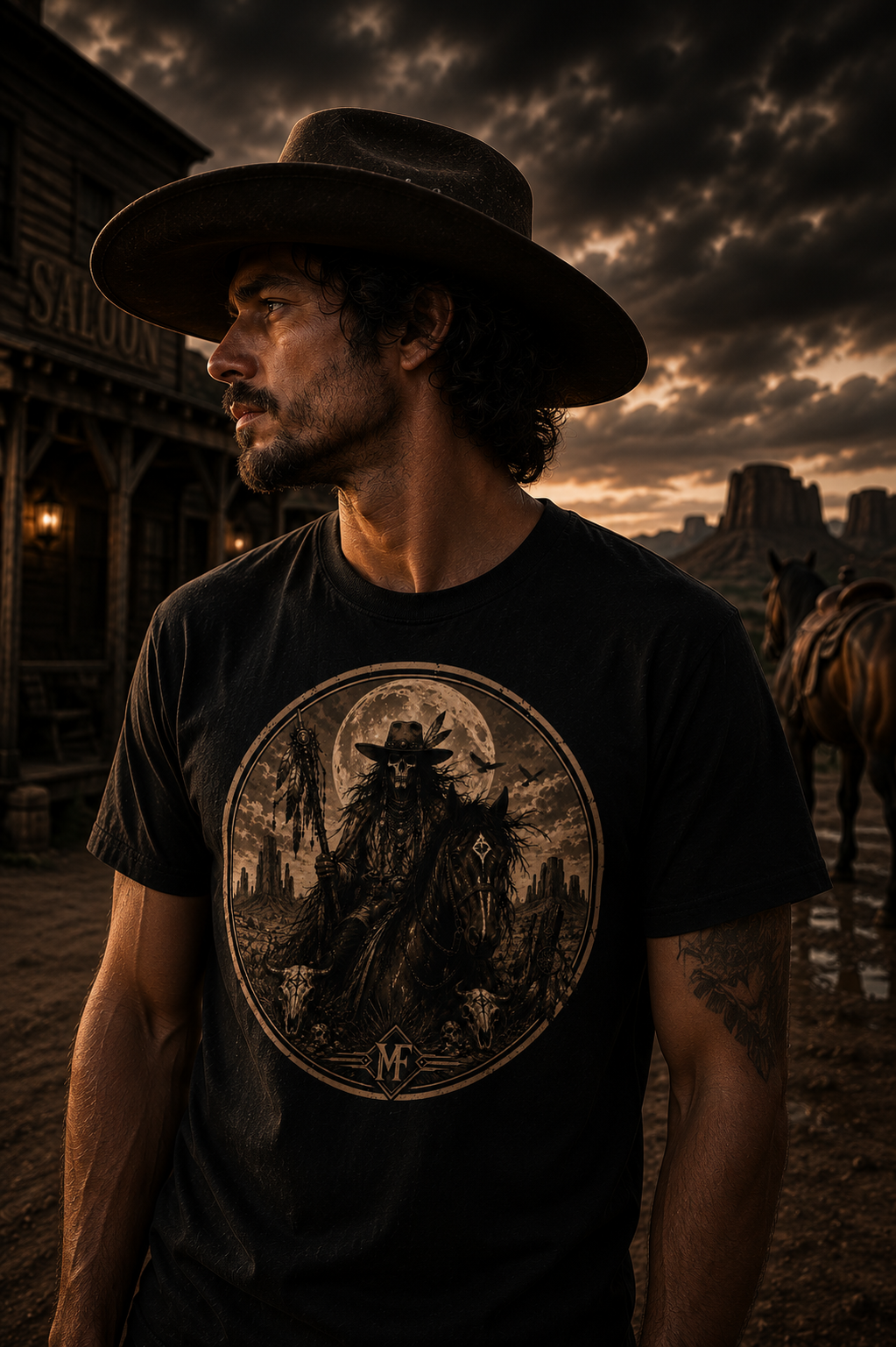 T-shirt graphique style western vintage représentant un cow-boy squelette à cheval sous la pleine lune