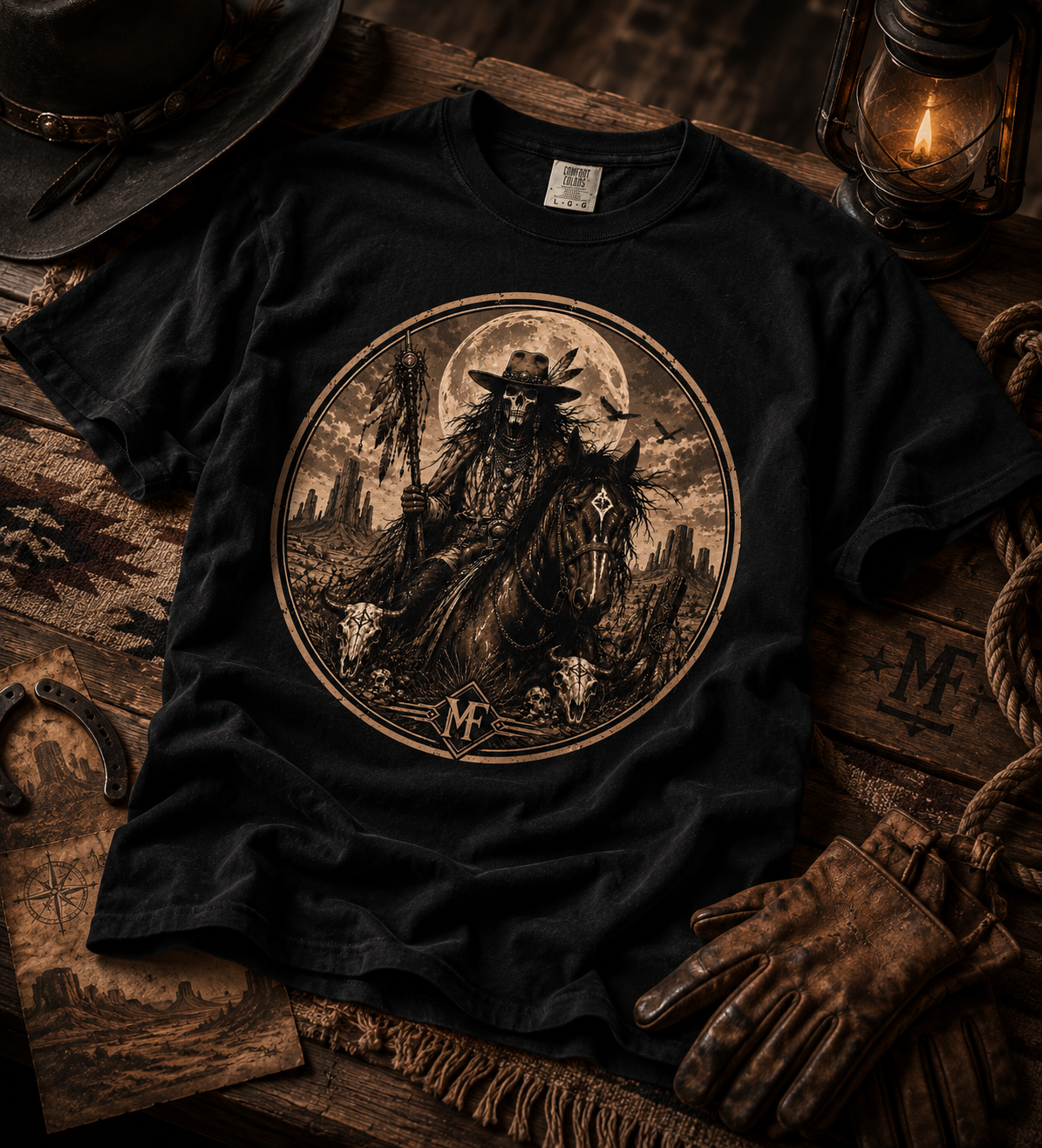 T-shirt graphique style western vintage représentant un cow-boy squelette à cheval sous la pleine lune
