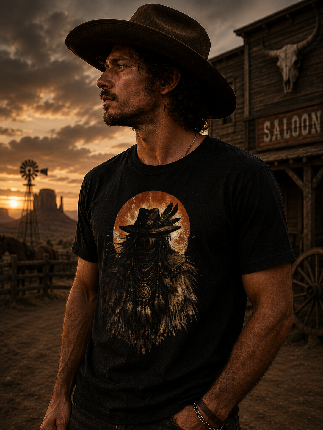 Dark Western Spirit Walker T-Shirt, Vintage Cowboy Shaman Graphic Tee