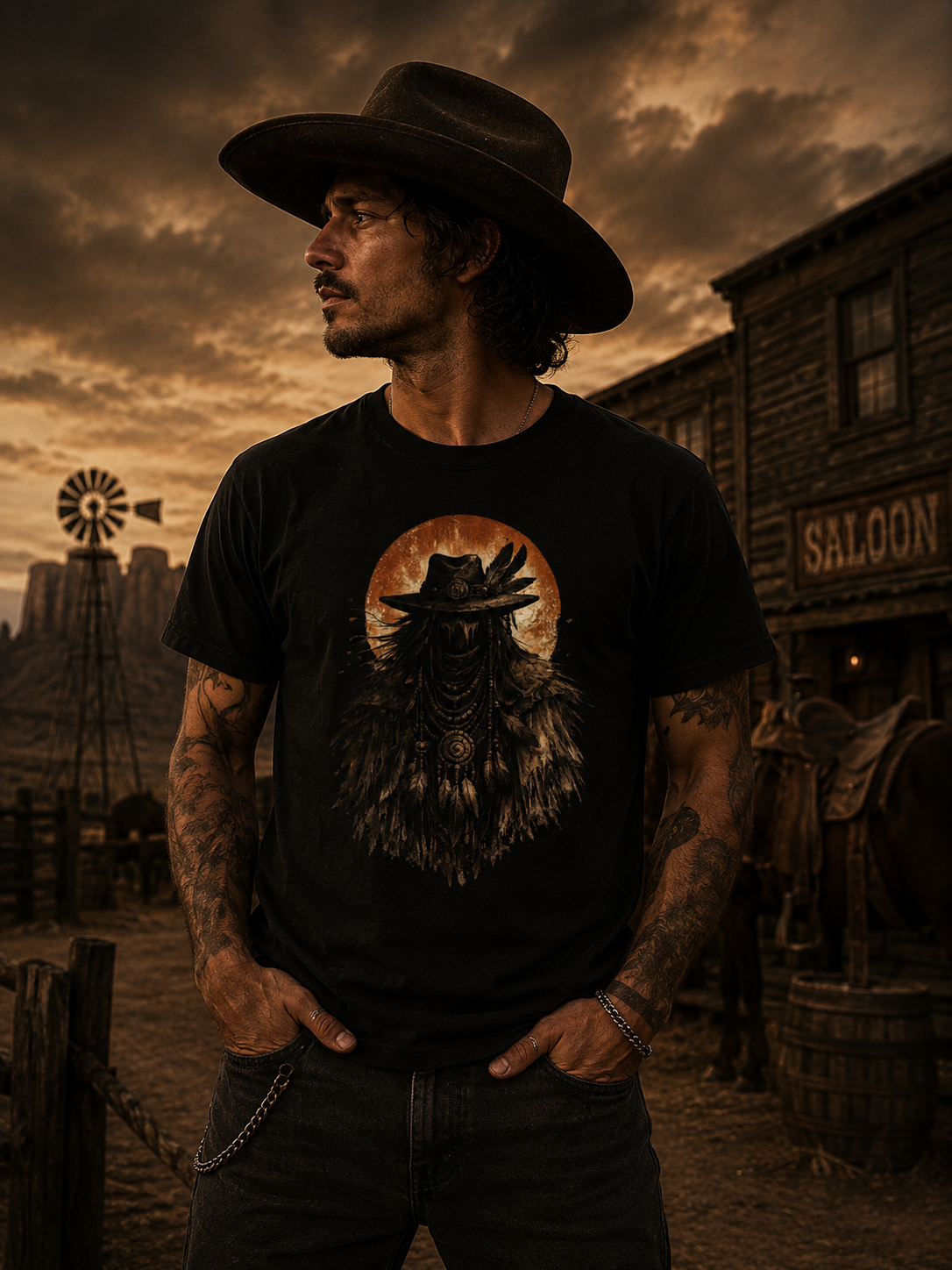 Dark Western Spirit Walker T-Shirt, Vintage Cowboy Shaman Graphic Tee