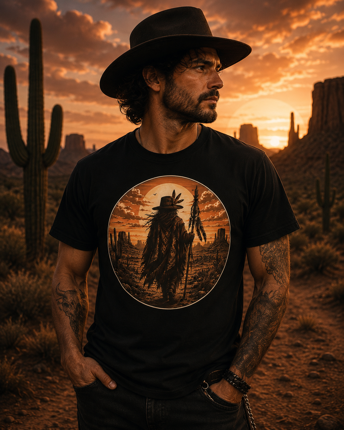 Chemise coucher de soleil dans le désert chamanique de l'Ouest | T-shirt graphique Spirit Walker | Vêtements western vintage