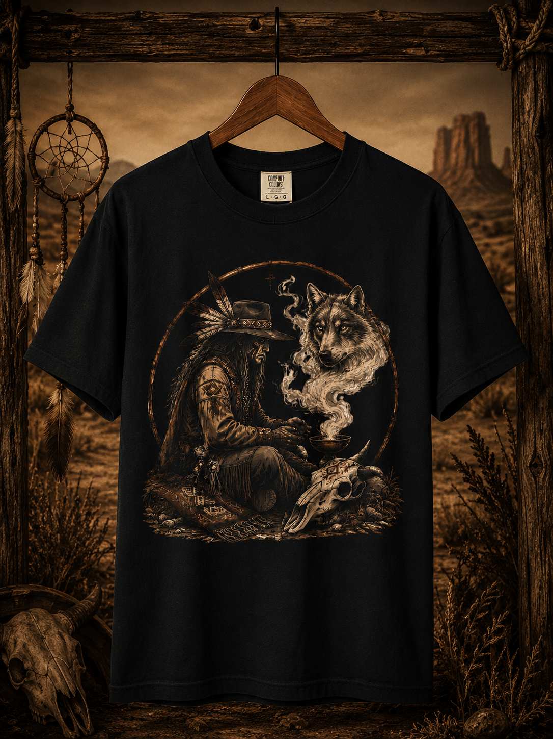 T-shirt loup chamanique western, t-shirt graphique totem animal amérindien, t-shirt cowboy mystique, chemise western bohème