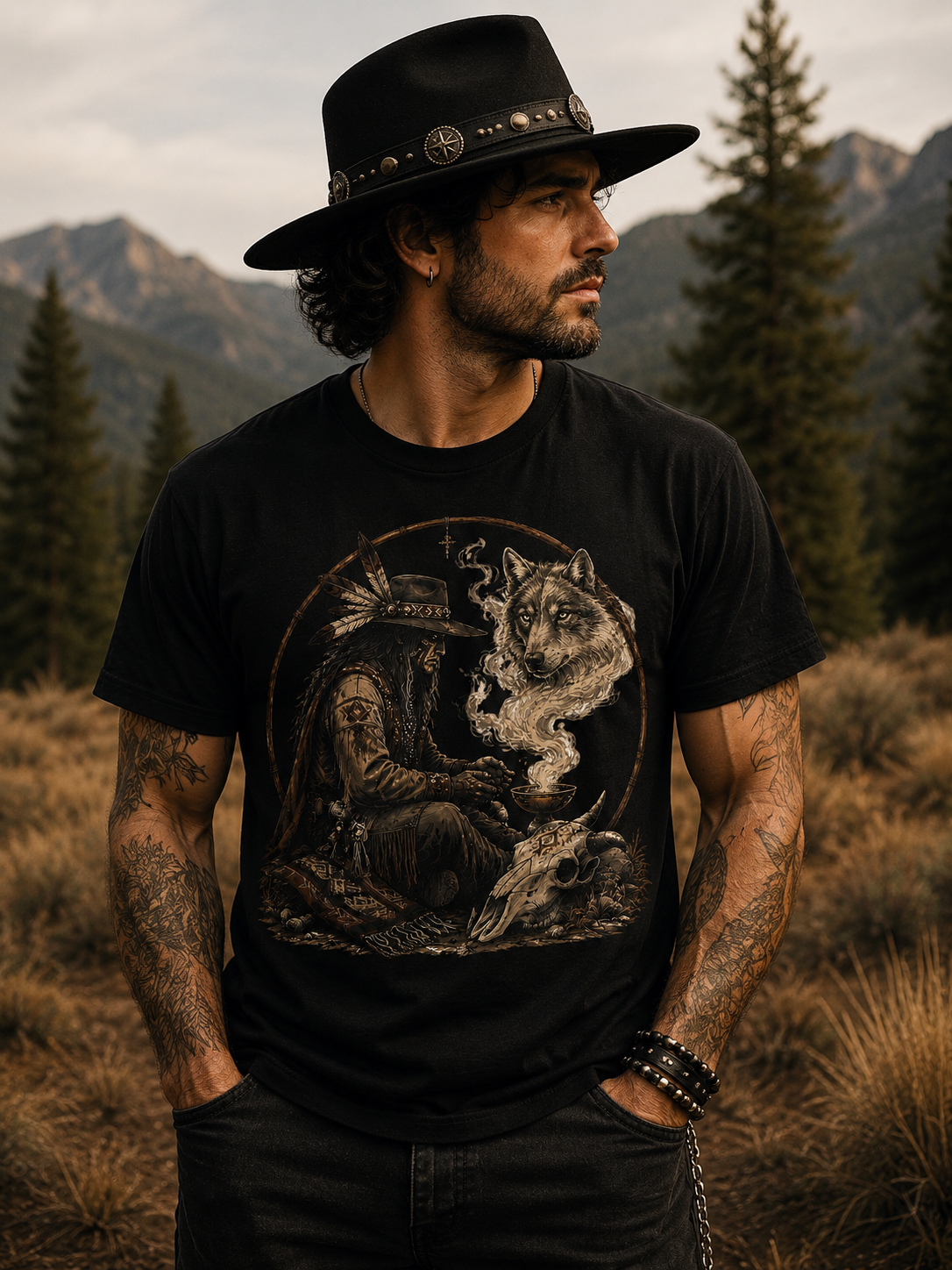 T-shirt loup chamanique western, t-shirt graphique totem animal amérindien, t-shirt cowboy mystique, chemise western bohème