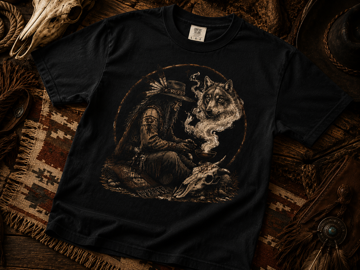 T-shirt loup chamanique western, t-shirt graphique totem animal amérindien, t-shirt cowboy mystique, chemise western bohème
