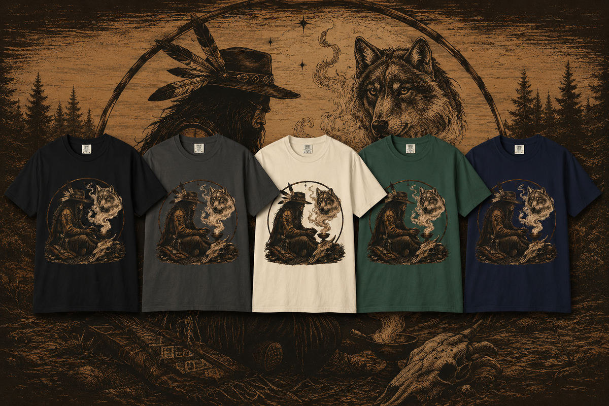 T-shirt loup chamanique western, t-shirt graphique totem animal amérindien, t-shirt cowboy mystique, chemise western bohème