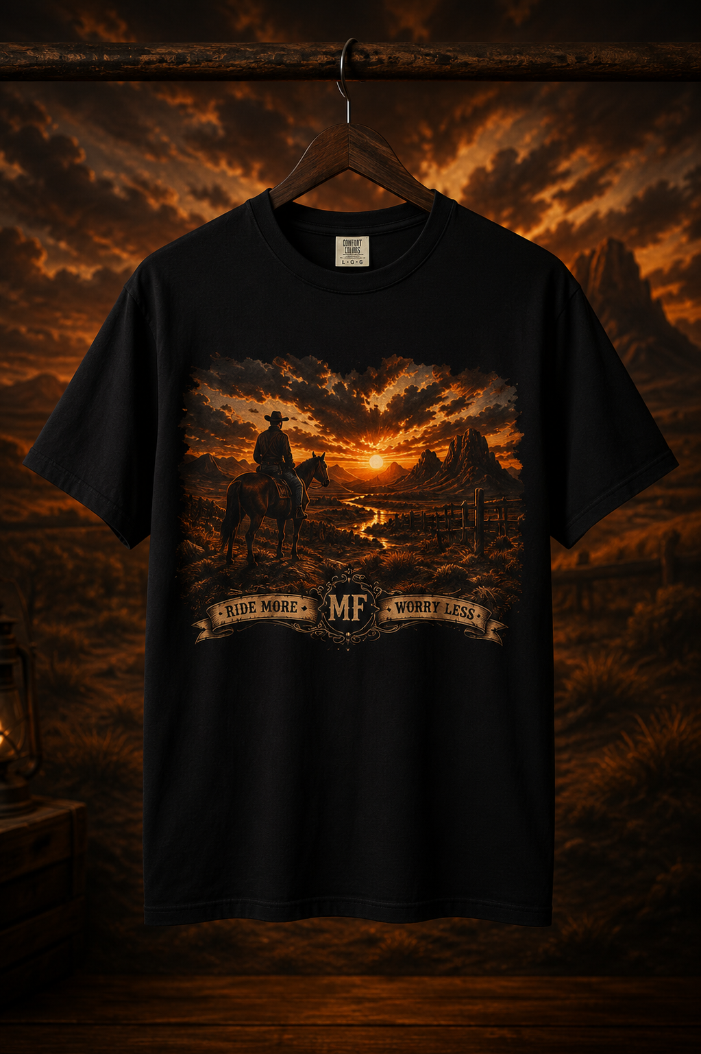 Cowboy Sunset Landscape T-Shirt | Western Horse Rider Graphic Tee, River T Shirt.