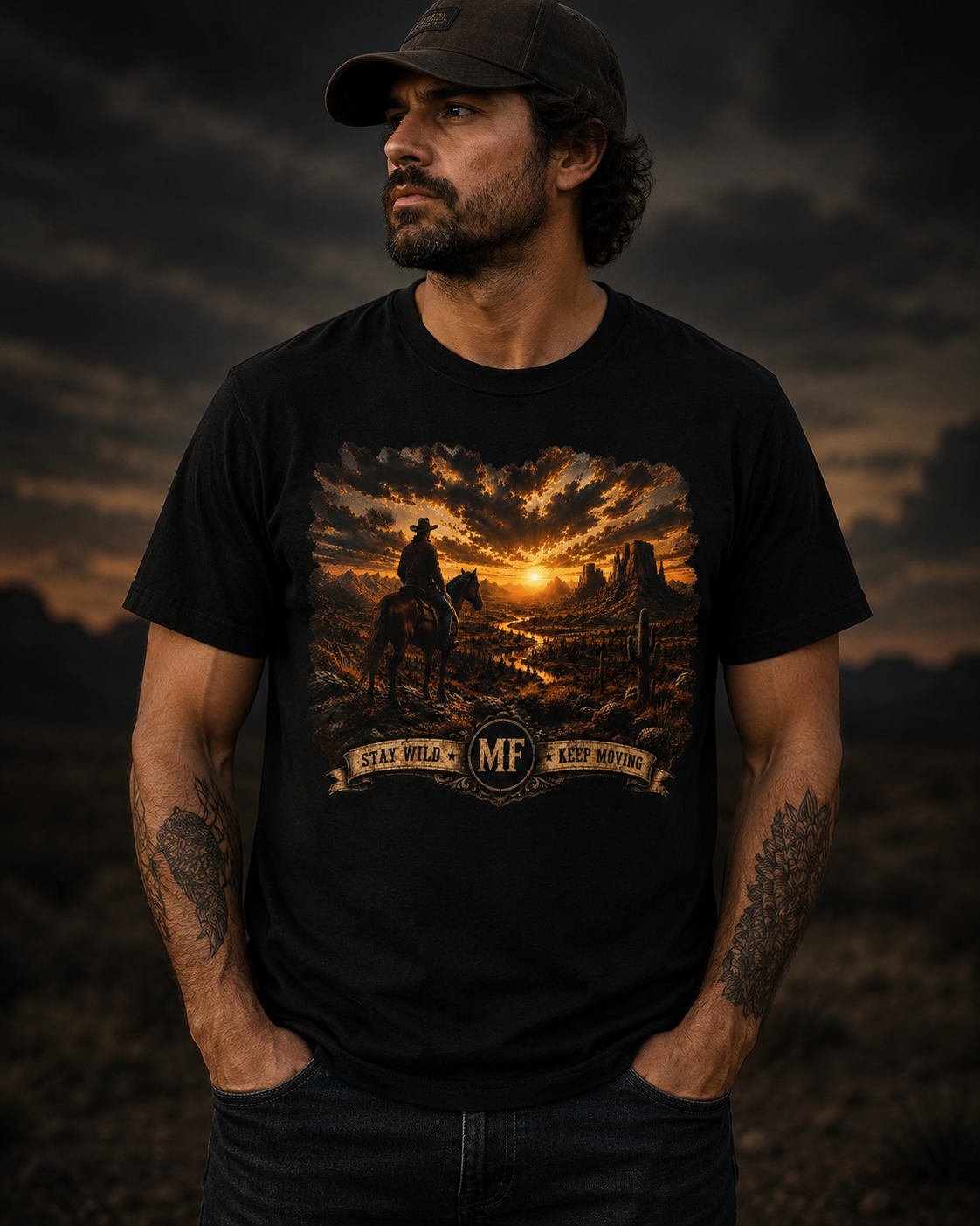 Cowboy Sunset Landscape T-Shirt | Western Horse Rider Graphic Tee, River T Shirt.