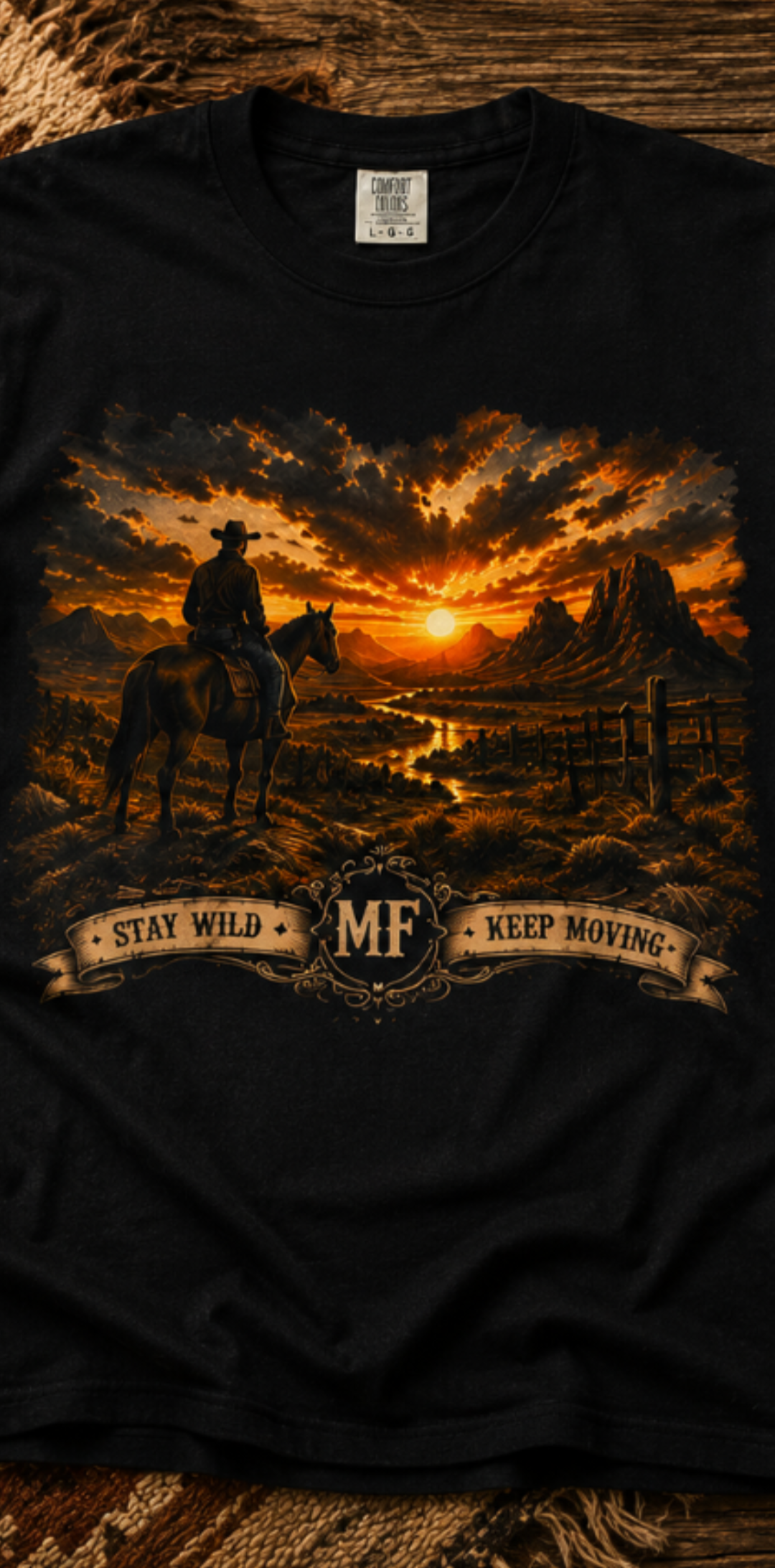 Cowboy Sunset Landscape T-Shirt | Western Horse Rider Graphic Tee, River T Shirt.