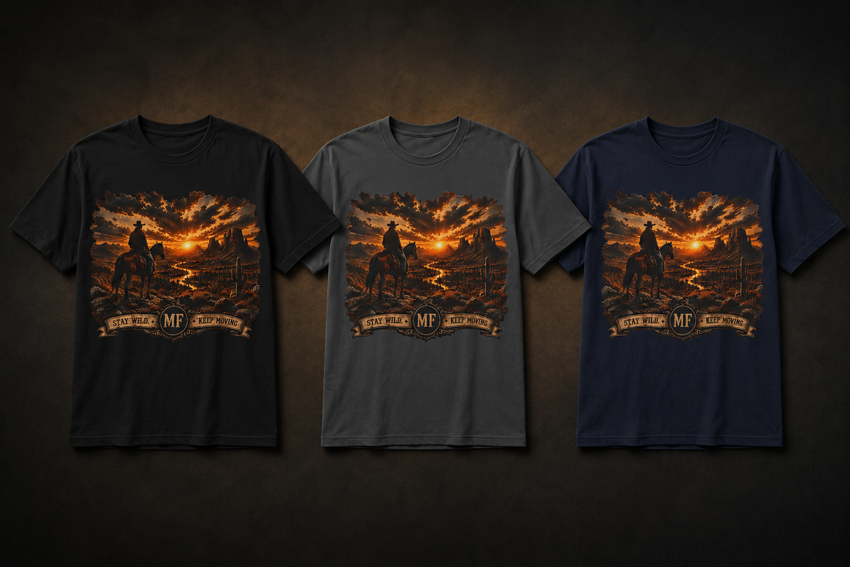 Cowboy Sunset Landscape T-Shirt | Western Horse Rider Graphic Tee, River T Shirt.