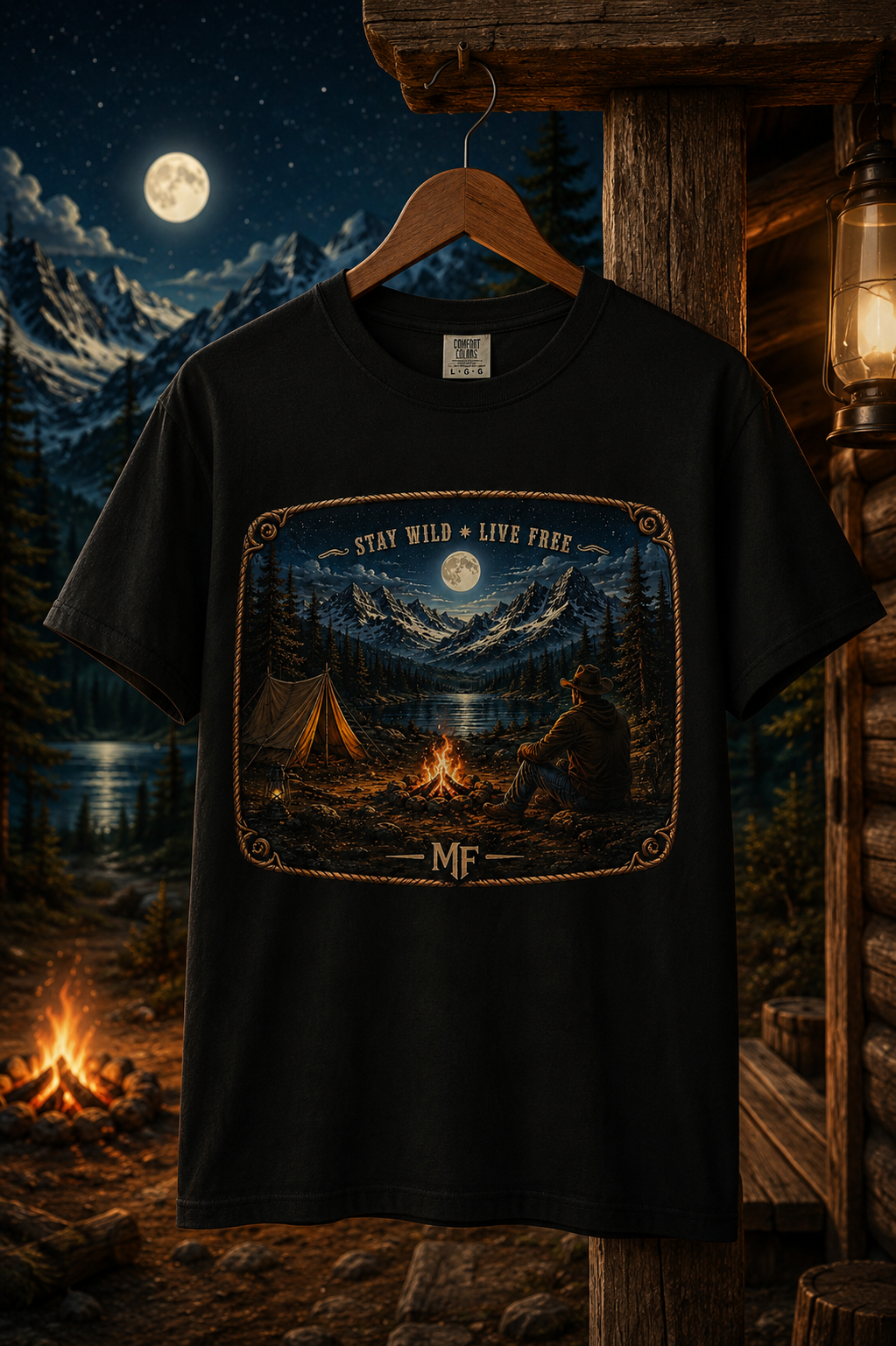 Camping Under The Stars T-Shirt | Mountain Campfire Nature Graphic Tee, Stay Wild Live Free