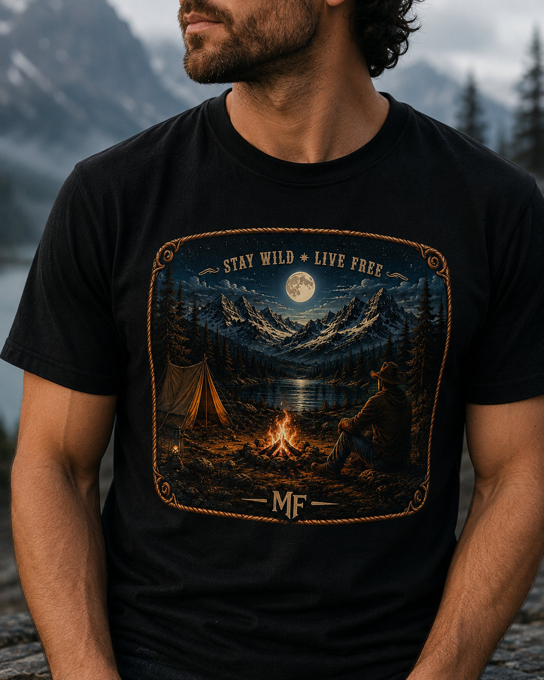 Camping Under The Stars T-Shirt | Mountain Campfire Nature Graphic Tee, Stay Wild Live Free
