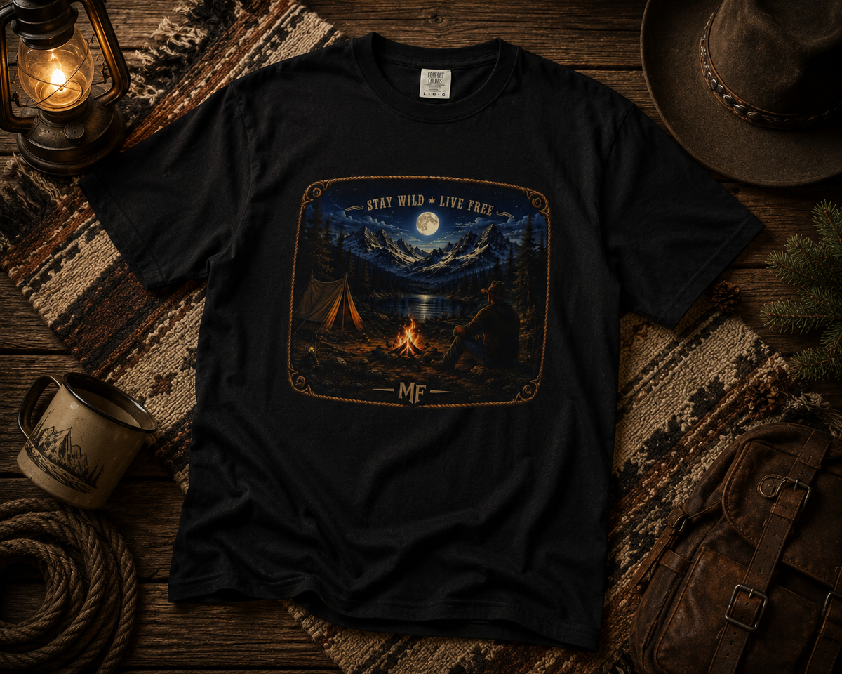 Camping Under The Stars T-Shirt | Mountain Campfire Nature Graphic Tee, Stay Wild Live Free
