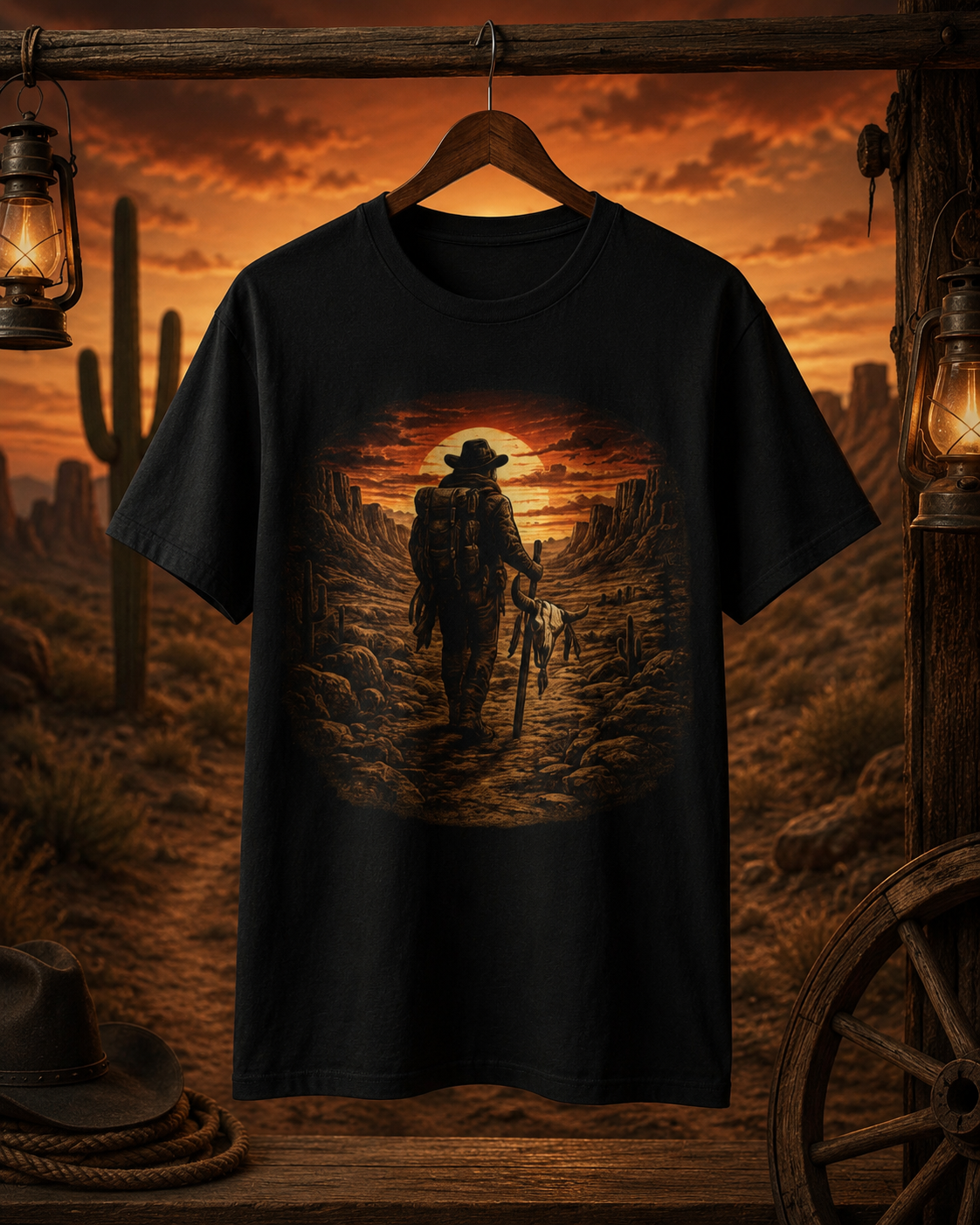 T-shirt graphique Western Sunset Explorer, aventure dans le désert, style cowboy