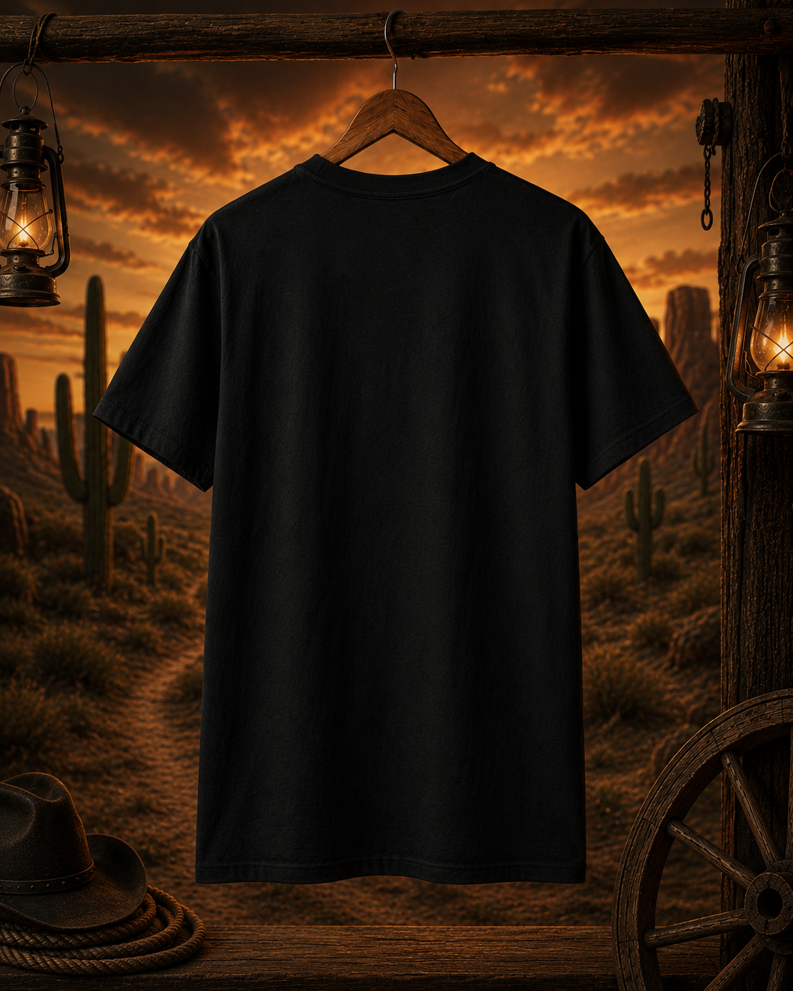 T-shirt graphique Western Sunset Explorer, aventure dans le désert, style cowboy