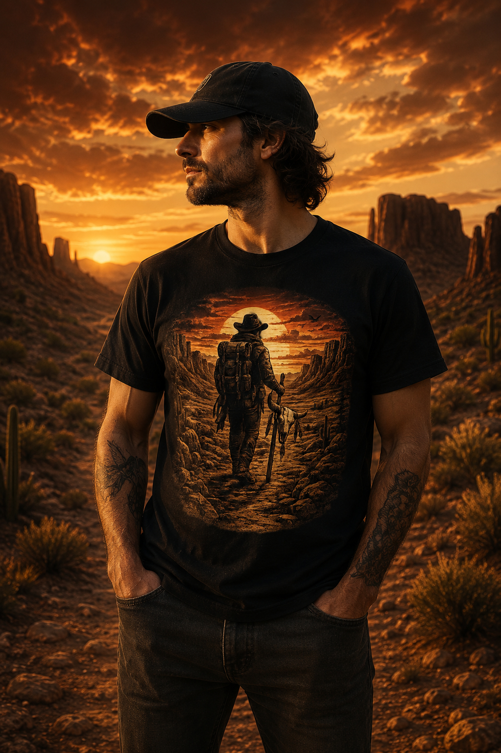 T-shirt graphique Western Sunset Explorer, aventure dans le désert, style cowboy