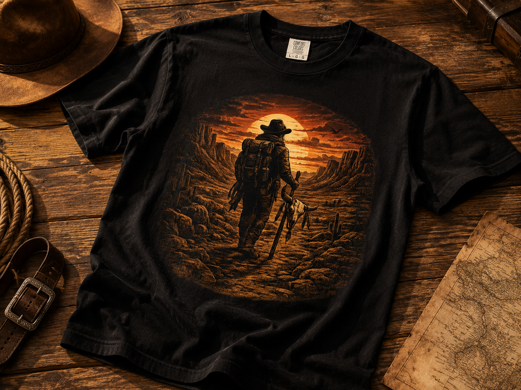 T-shirt graphique Western Sunset Explorer, aventure dans le désert, style cowboy