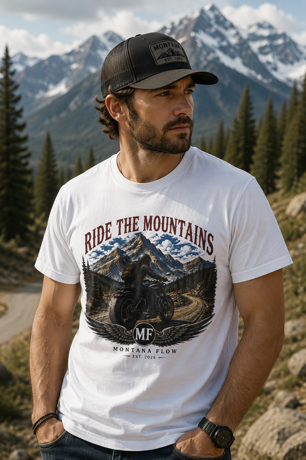 T-shirt de moto « Ride The Mountains » | Tee-shirt d'aventure Montana Flow
