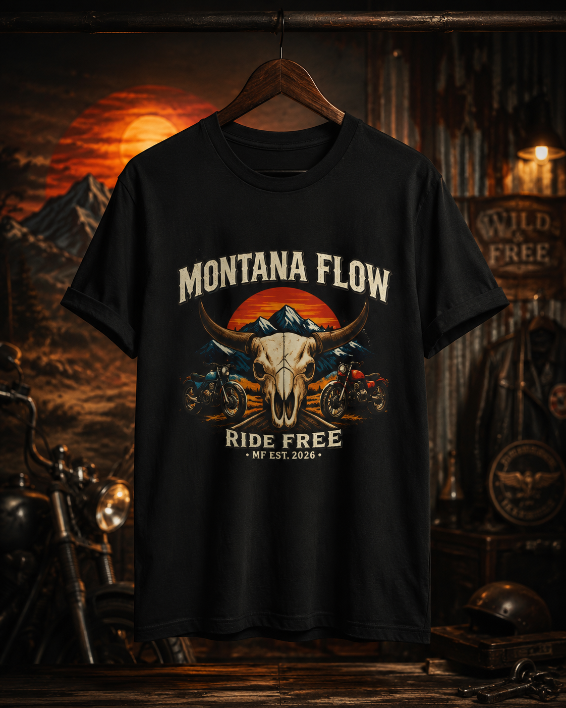 T-shirt de moto Montana Flow Longhorn Skull Sunset | T-shirt graphique Ride Free