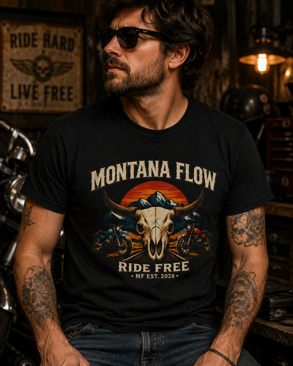 T-shirt de moto Montana Flow Longhorn Skull Sunset | T-shirt graphique Ride Free