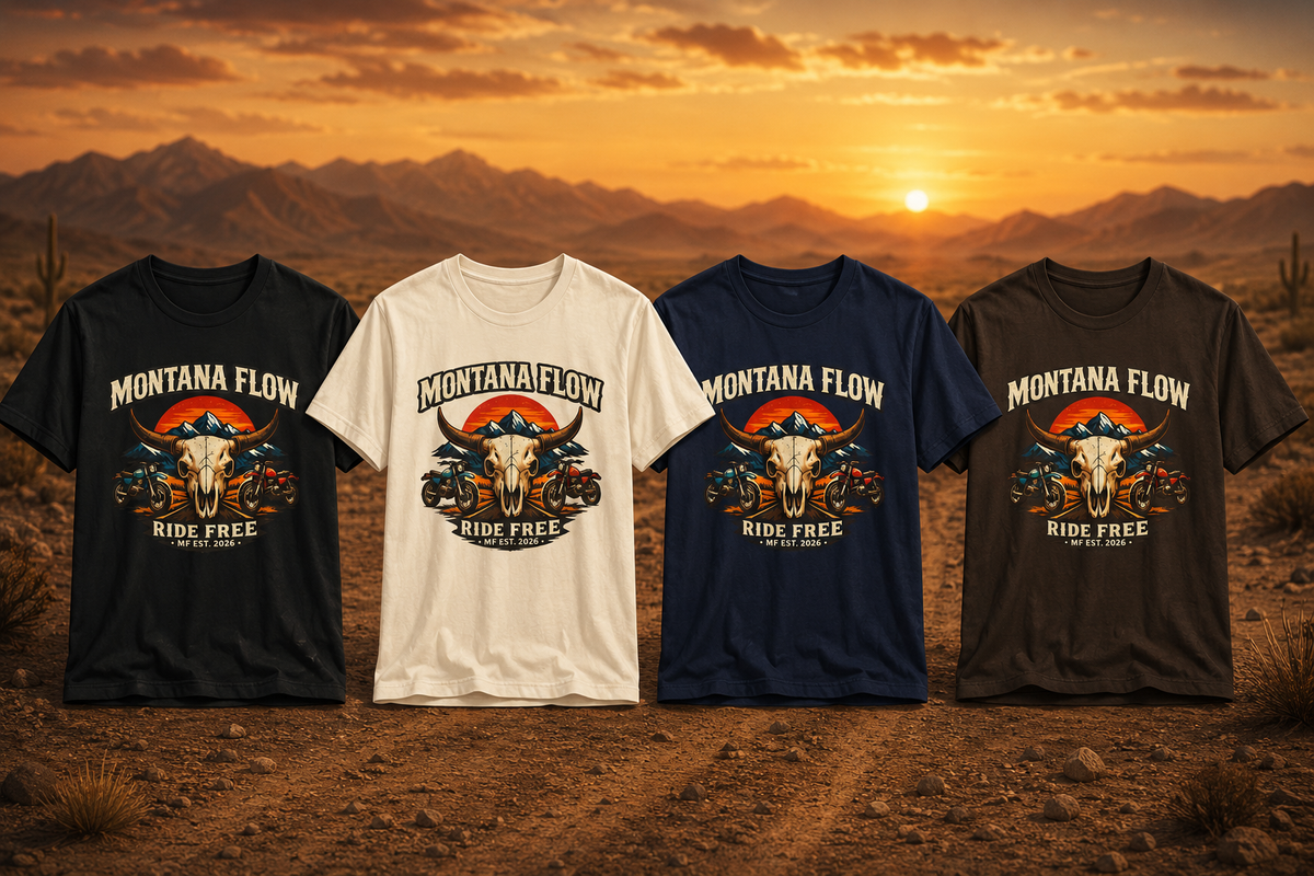 T-shirt de moto Montana Flow Longhorn Skull Sunset | T-shirt graphique Ride Free