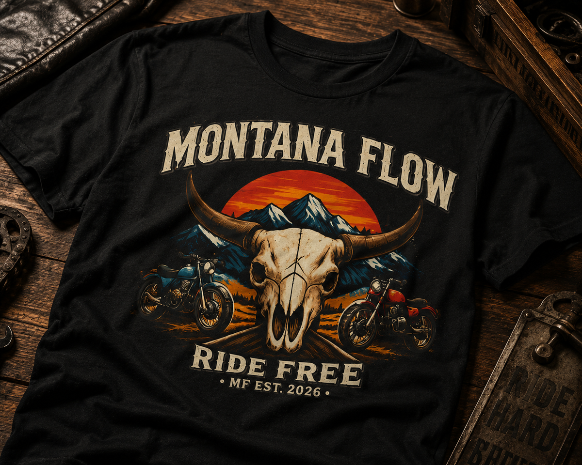 T-shirt de moto Montana Flow Longhorn Skull Sunset | T-shirt graphique Ride Free