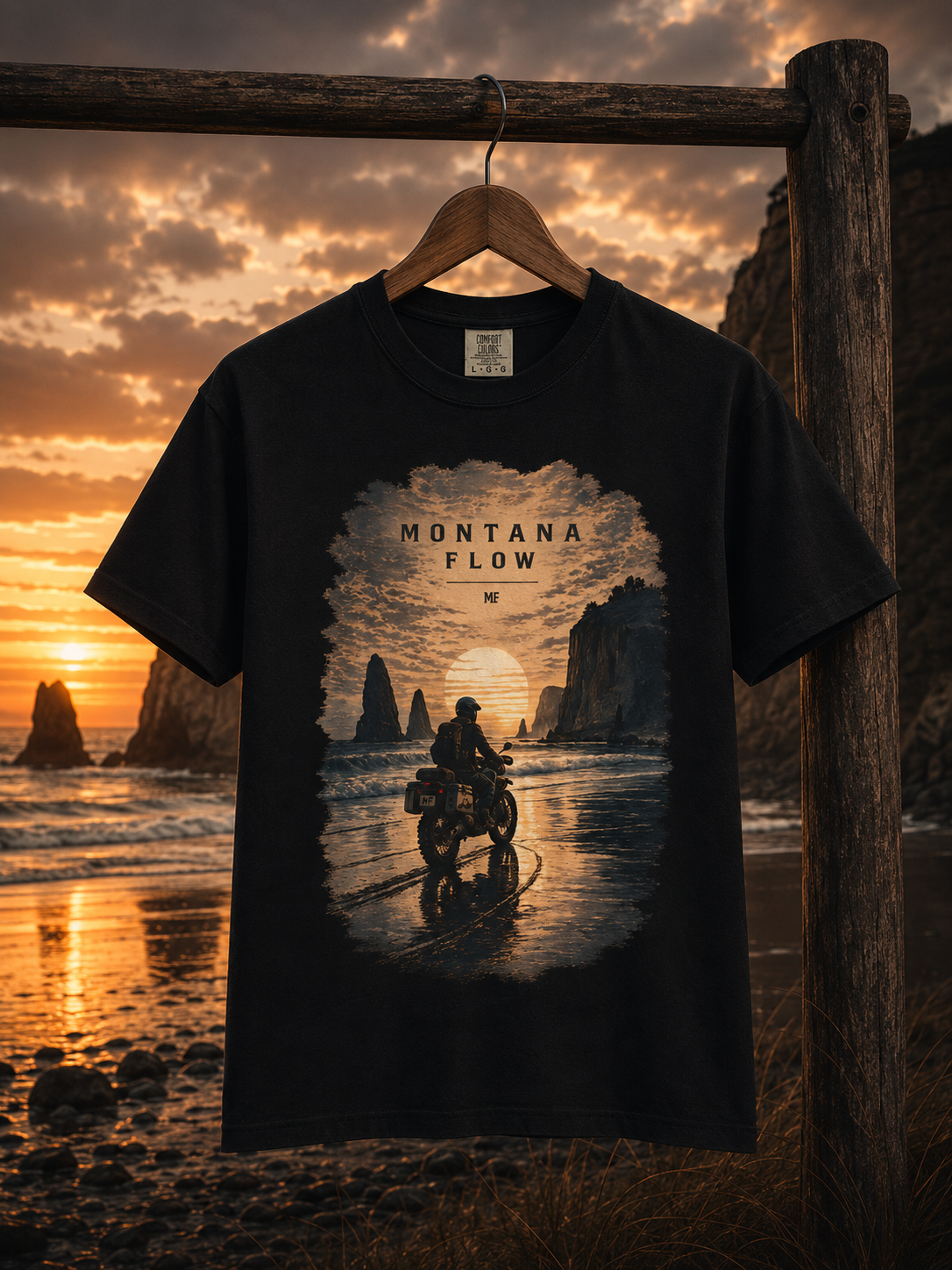 T-shirt « Ride Into The Sunset », t-shirt graphique avec moto et plage, t-shirt d'aventure et de voyage
