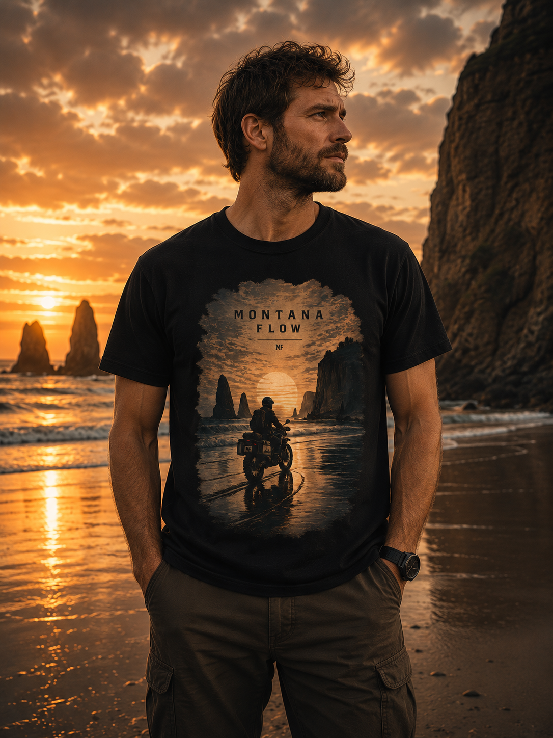 T-shirt « Ride Into The Sunset », t-shirt graphique avec moto et plage, t-shirt d'aventure et de voyage