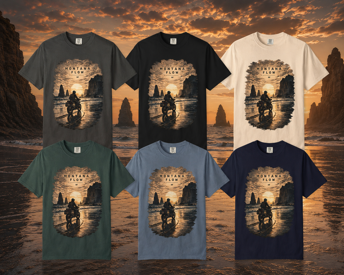 T-shirt « Ride Into The Sunset », t-shirt graphique avec moto et plage, t-shirt d'aventure et de voyage
